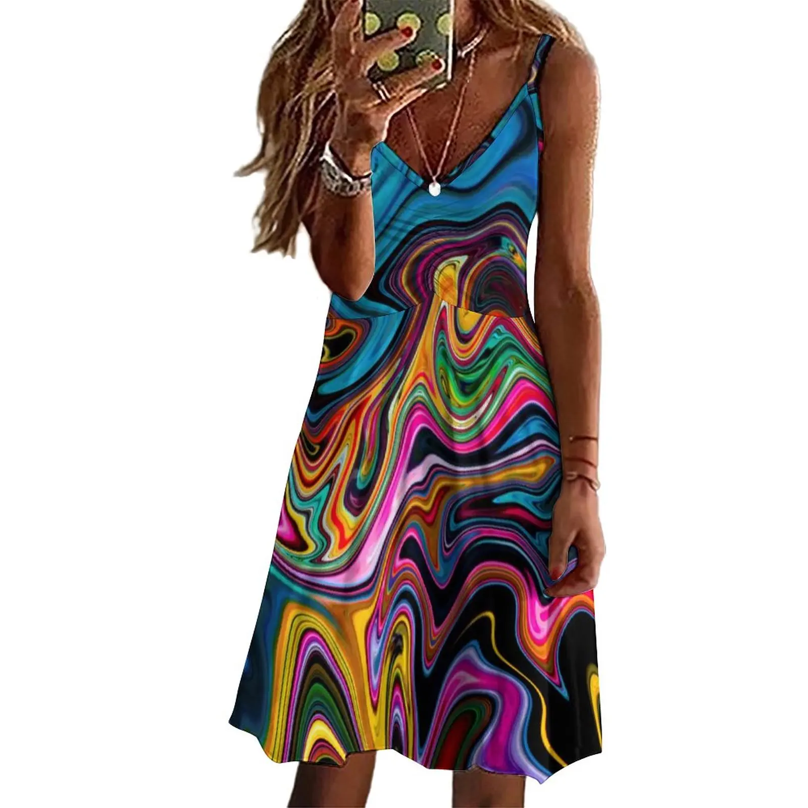 

Женское платье в полоску, с абстрактным принтом, на тонких бретельках