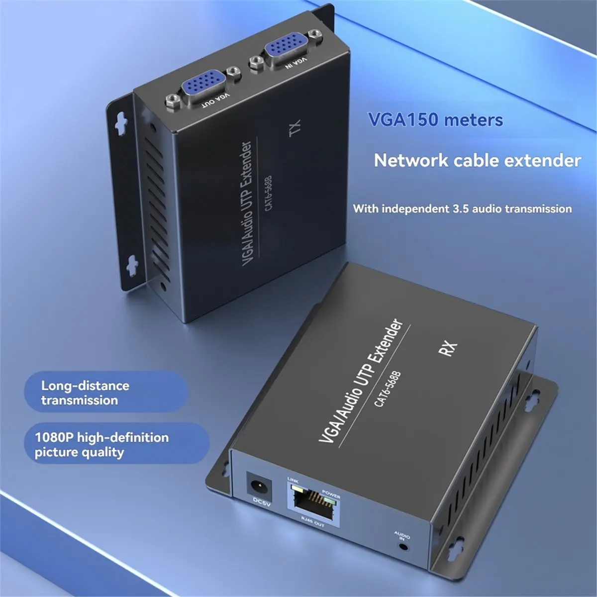 Фото Удлинитель VGA DTC5 с аудиовыходом через UTP, кабель-удлинитель VGA-RJ45 с аудиопортом 3,5 мм, 1080P, дальность 150 м, вилка EU №1
