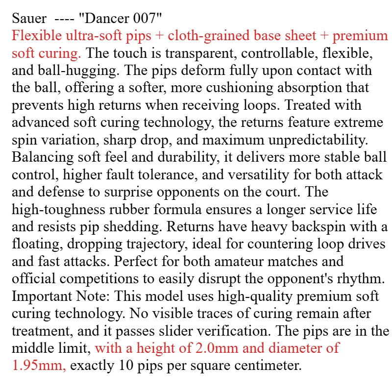 Накладка для настольного тенниса Soft Curing Sauer Dancer 007, сверхмягкая, с длинными шипами, средними частицами, OX, прошла проверку (art.: 3920da04feacf) - 3920da04feacf