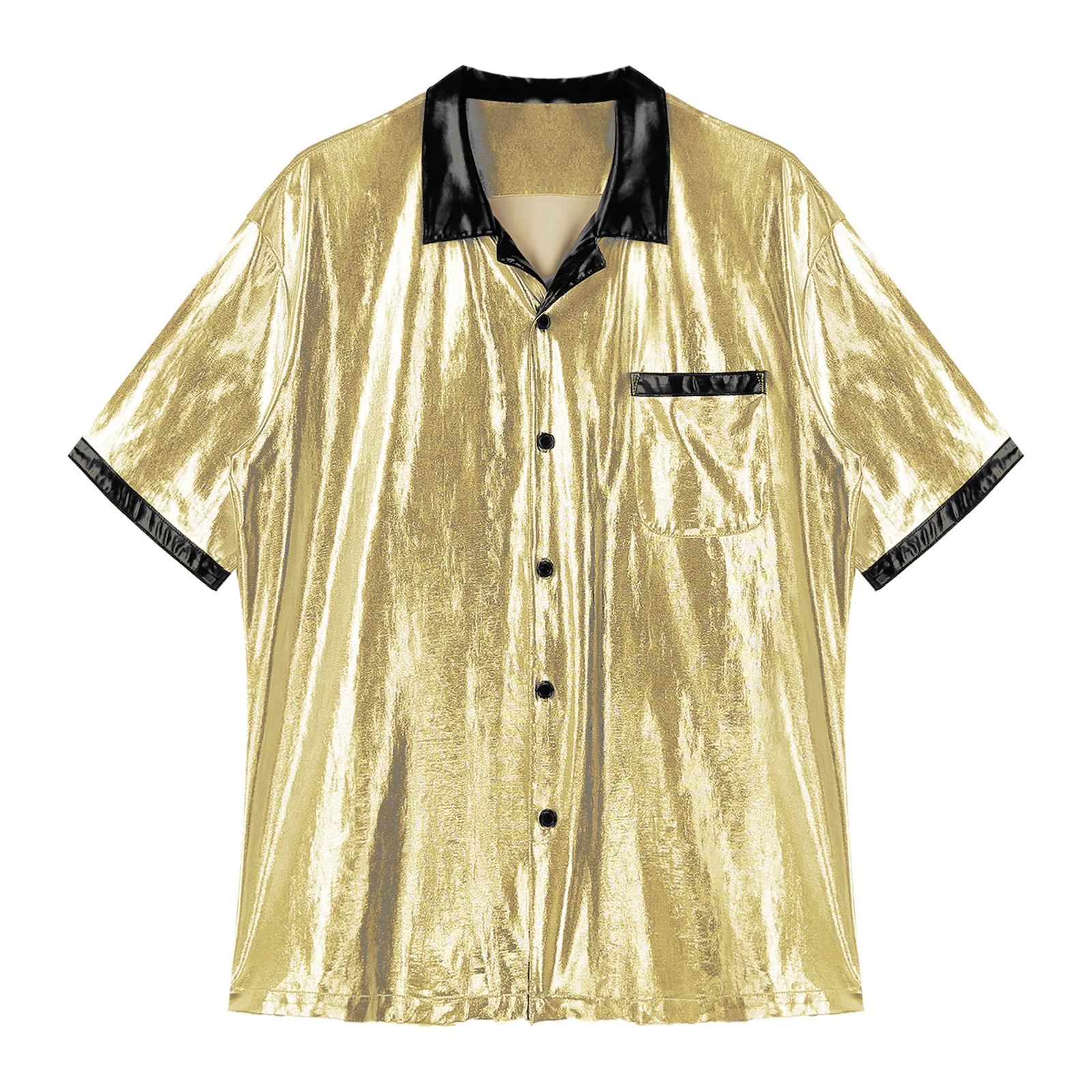 Mens Metallic Shiny Shirt Fashion Casual Loose Button Down Tee Tops Rave Party Dance Costume Night Club Wear Short Sleeve
