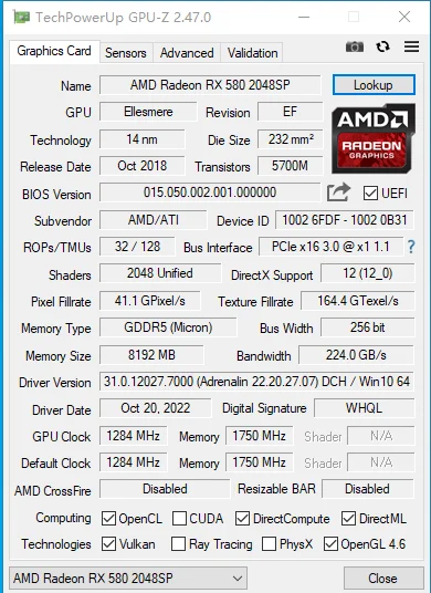 MLLSE Graphics Card AMD RX580 8G GDDR5 256Bit 2048SP PCI Express 3.0 ×16 Radeon Computer 8Pin DP*1 HMI*1 DVI*1 Gaming Video Card 6