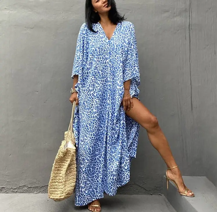 

TEELYNN 2022 Leopard Print Cover Up Robe Vintage Cotton Beach Dress for Women Beachwear Boho Dress Cover Up Plus Size Vestidos