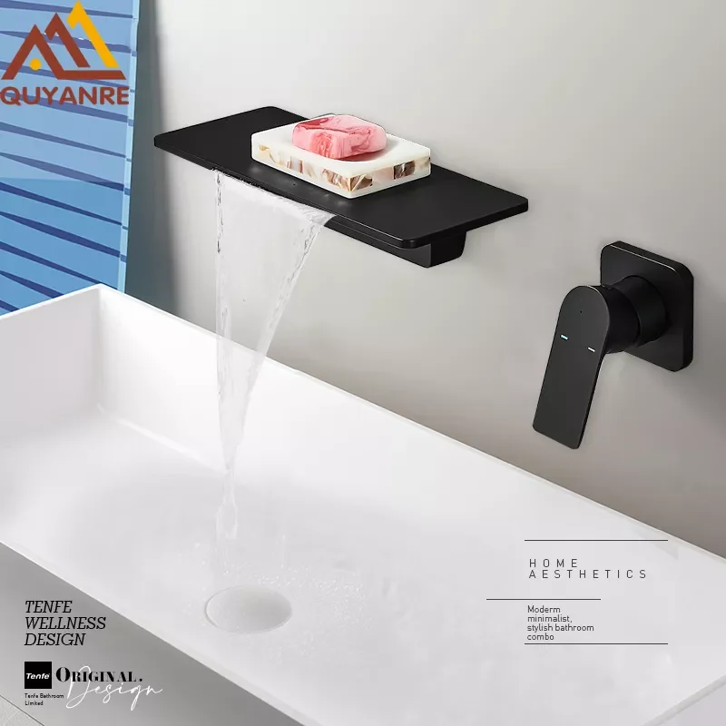 

Matte Black Big Waterfall Basin Faucet Wall Mounted Bathroom Sink Faucet Shelf Platform Basin Mixer Tap For Bathroom