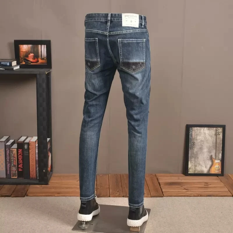 Men Blue Ripped Jeans Autumn Streetwear Black Patchwork Slim Fit Pencil Pants Korean Style Casual Denim Trousers CP2022