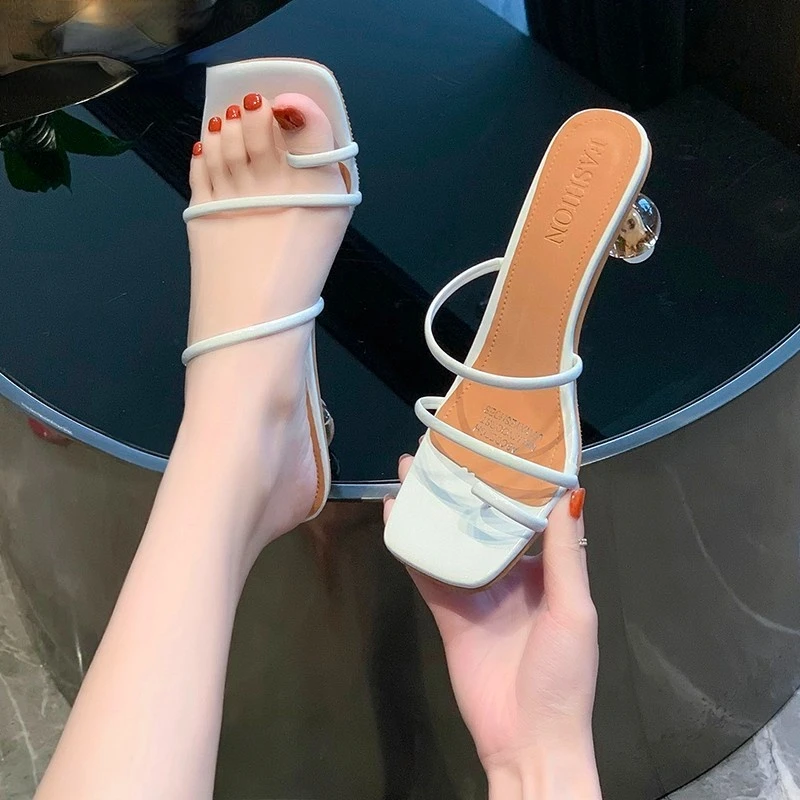 

2022 Sandals Women 8cm High Heels Strap Mules Fetish Summer Crystal Slides Female Rome Gladiator Girls Low Strange Heels Shoes