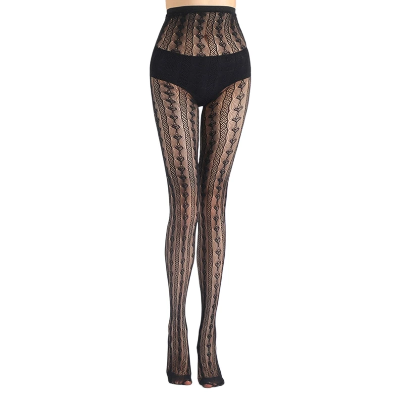 

Women Sexy High Waist Fishnet Pantyhose Harajuku Striped Heart Jacquard Patterned Sheer Mesh Tights for rhinestone Hosie
