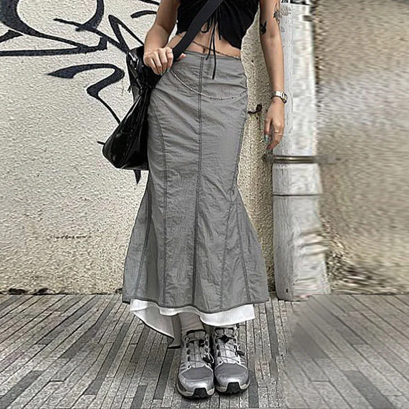 

Retro Vintage Cargo Hip Mermaid Skirt Women Autumn Trumpet Long High Waist Fairy Mid Calf Skirts Ruffles Black Y2K Streetwear