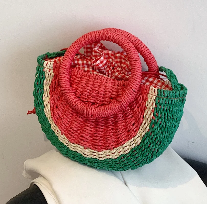 

Женская плетеная Сумка из искусственного арбуза, сумка из ротанга, Повседневная пляжная сумка через плечо с кулиской большой вместимости