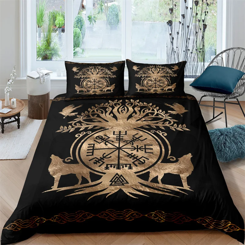 

Viking Duvet Cover Scandinavian Folklore Motifs Bedding Set Microfiber Northern Germanic Culture Vikings Wolf Celtic Quilt Cover