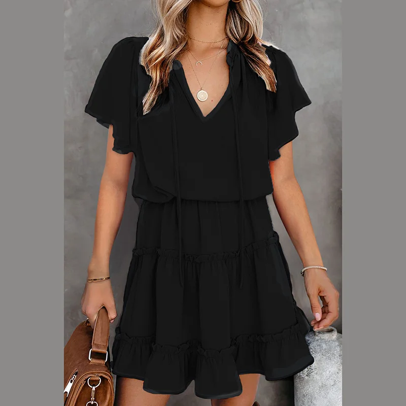

Fashion Women's Casual Black Dress Pure Color Short Sleeve V-Neck Knee-length Midi Skirt for good-looking Summer Beach New