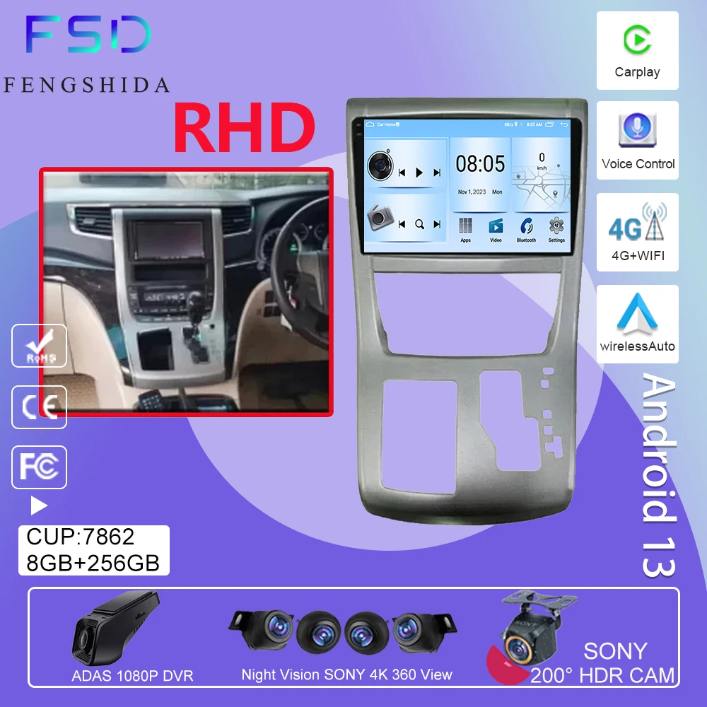 Android для TOYOTA Alphard 20 серии Vellfire 2008-2014 RHD автомобильный радиоприемник мультимедийный