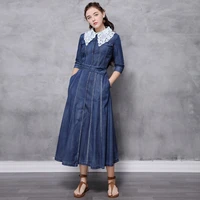2021 upscale autumn new belt denim skirt stitched lace medium length dress