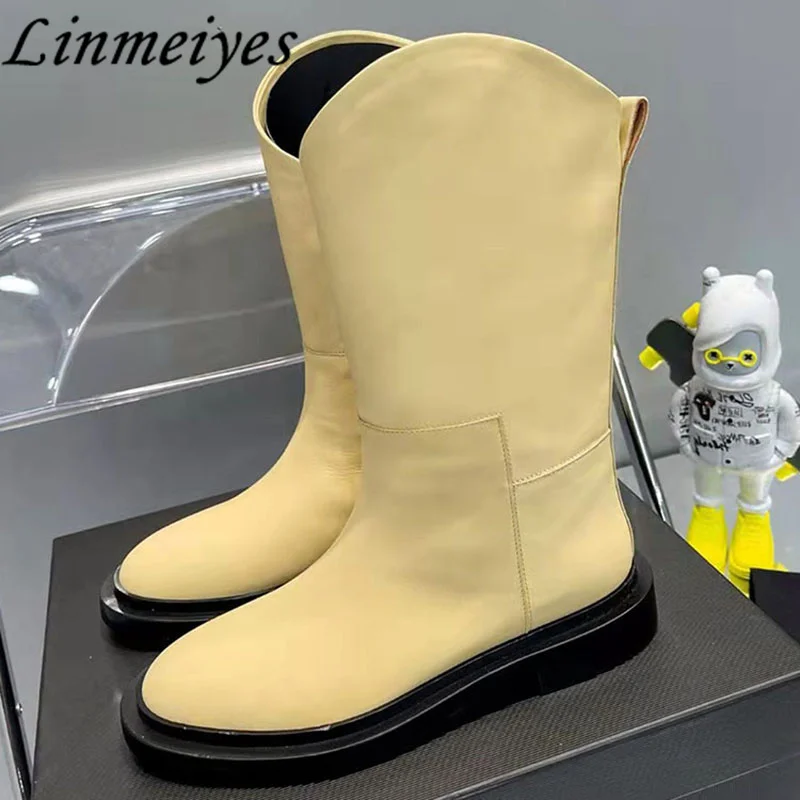 

Женские Асимметричные Ботинки Челси, сапоги до середины икры с круглым носком, на плоской платформе, без застежки, Осень-зима