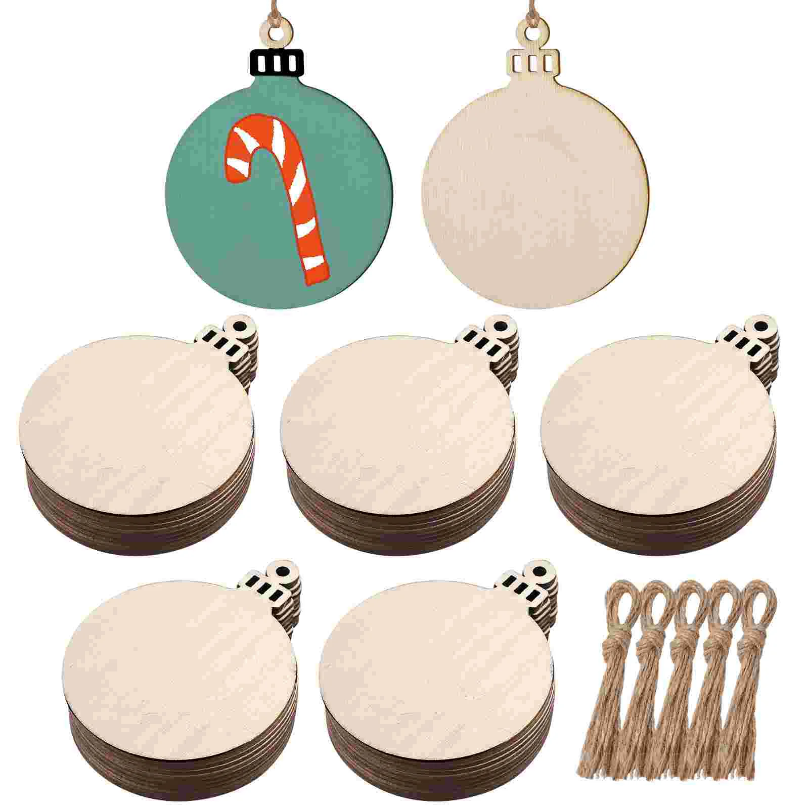 

50pcs Christmas Wood Slice, Unfinished Predrilled Wood Slices with Holes and Rope, Wooden Christmas Ornaments Hanging Wood Tags