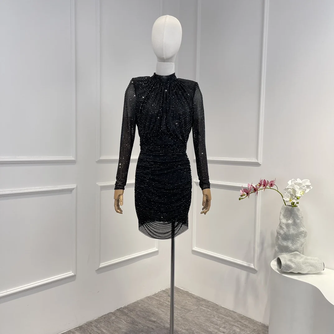 

Женское Сетчатое мини-платье со стразами, элегантное черное платье с длинным рукавом и высоким воротником, весна-осень 2023