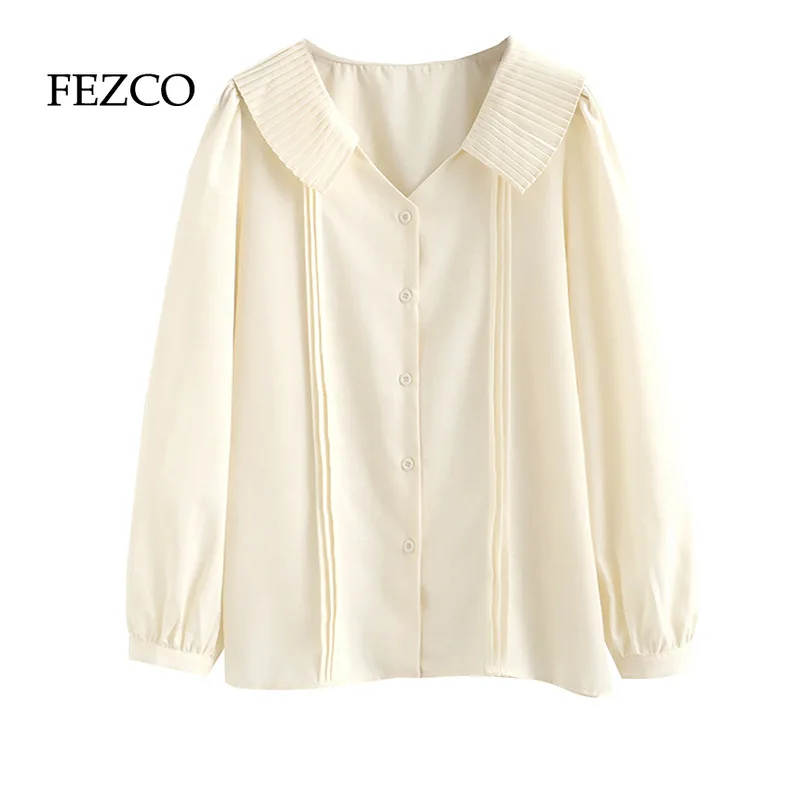 

FEZCO 2022 New Spring Gentle Lovely Doll Collar Kawaii White Fold Long Sleeve Chiffon Women Shirt Vintage Casual Ladies Tops