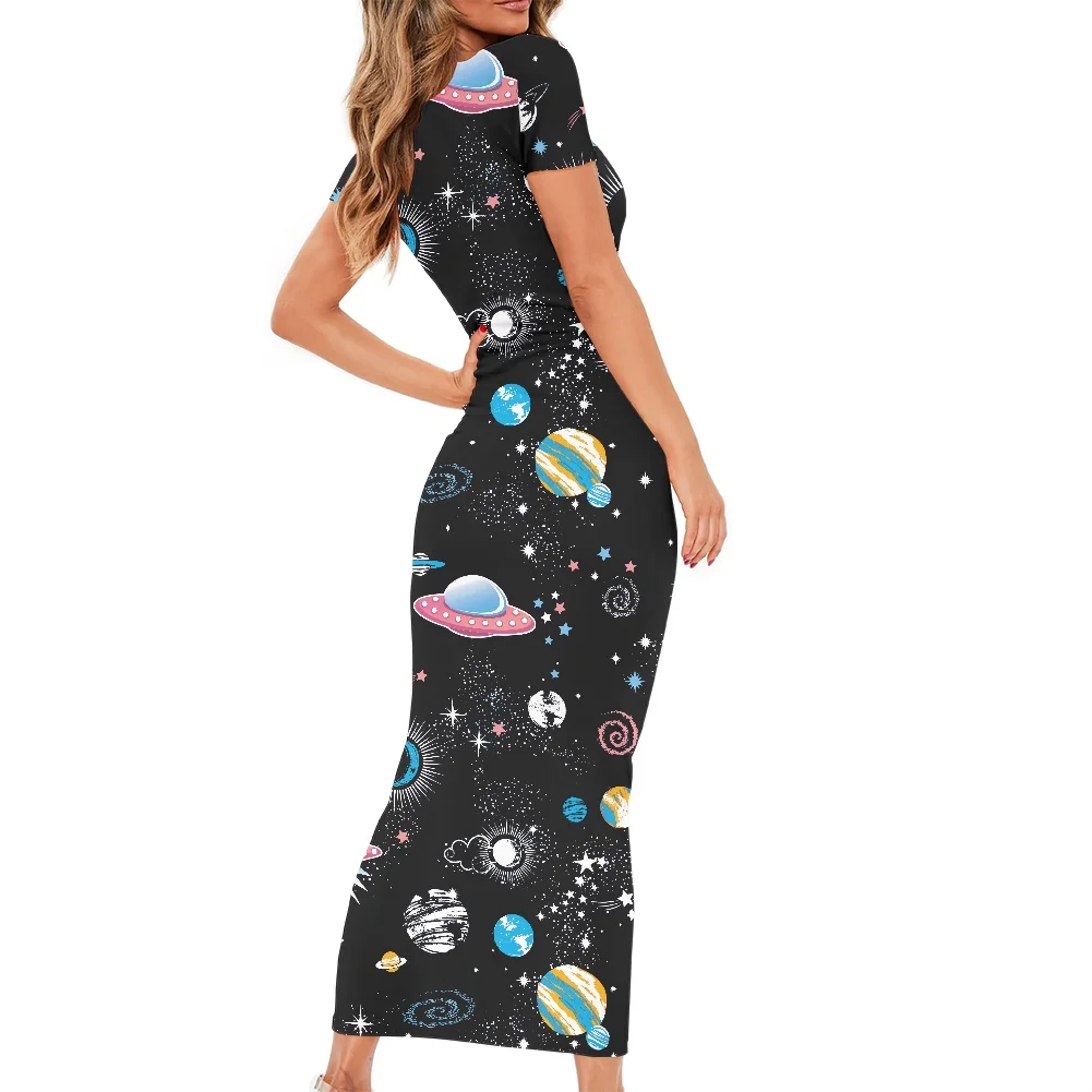 Женское летнее платье с круглым вырезом коротким рукавом и принтом |