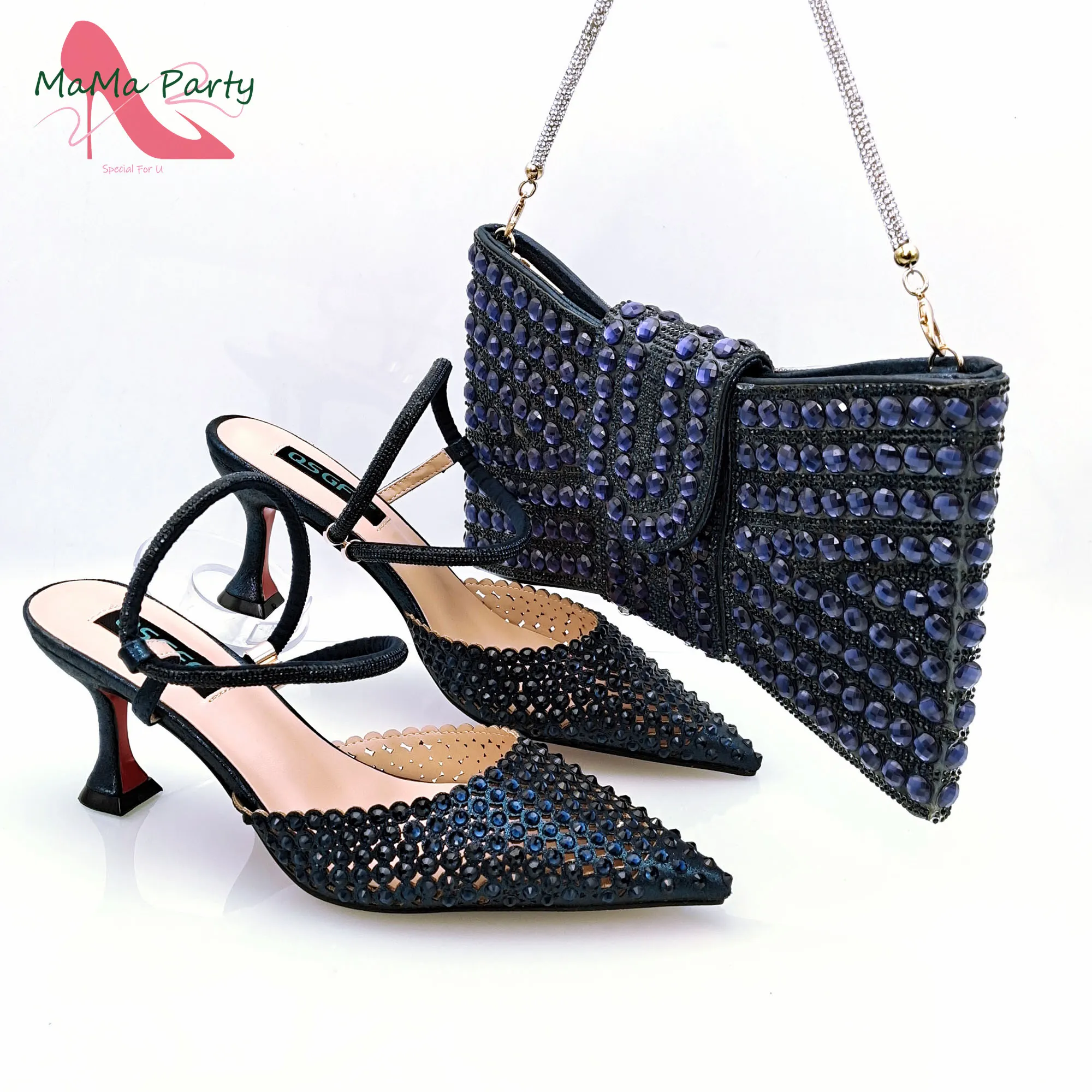 

2024 Fashionable New Arrivals Nigerian Design Women Shoes and Bag Set in Navy Blue Color Decorate with Rhinestone for Party