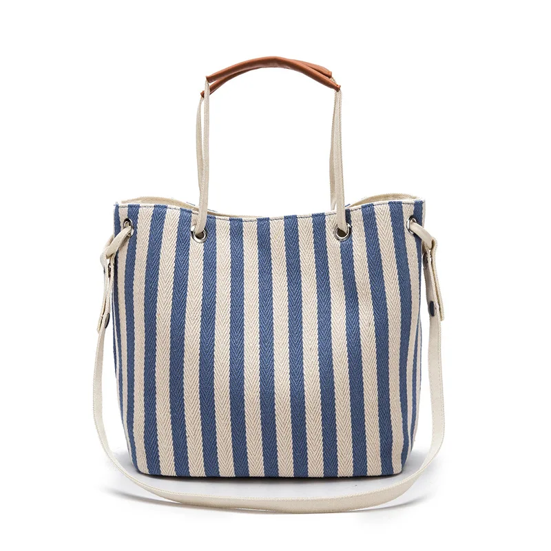 

Striped Canvas Shoulder Bag Korean Version Casual Simple Bucket Portable Bag Sewing Craft Student Meal Bag Vintage Sense