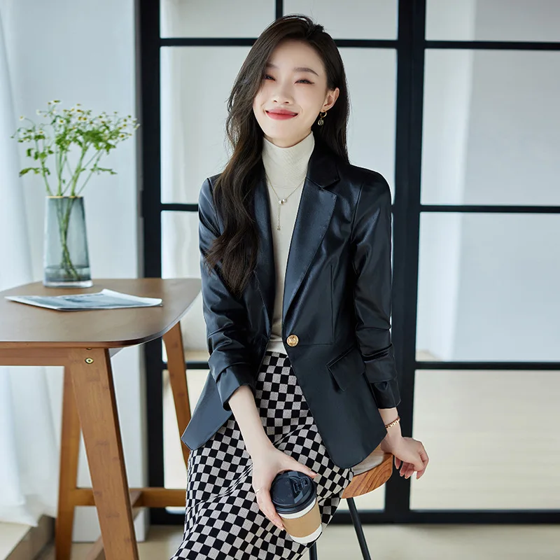 Red Leather Suit Jacket Women's Short Autumn High-class Slim Casual Leather Suit Formal Office Lady  Single Button Suit  Suede