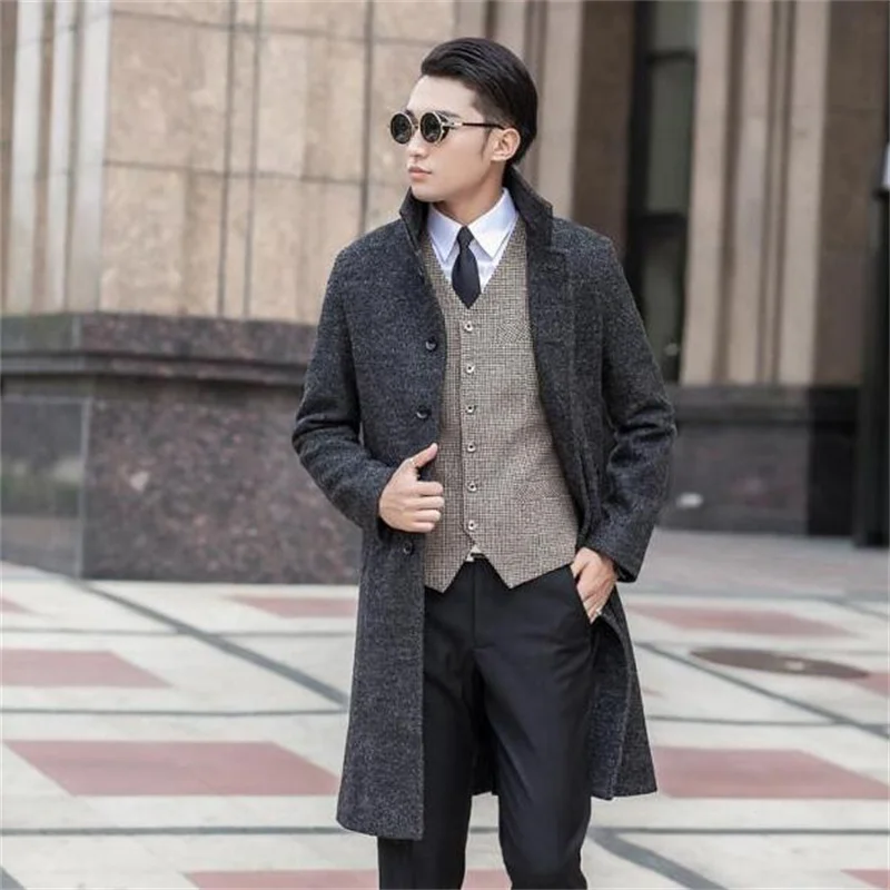 

Hot sell ! Grey casual single breasted woolen coat men long overcoat mens cashmere coat business fashion S - 9XL
