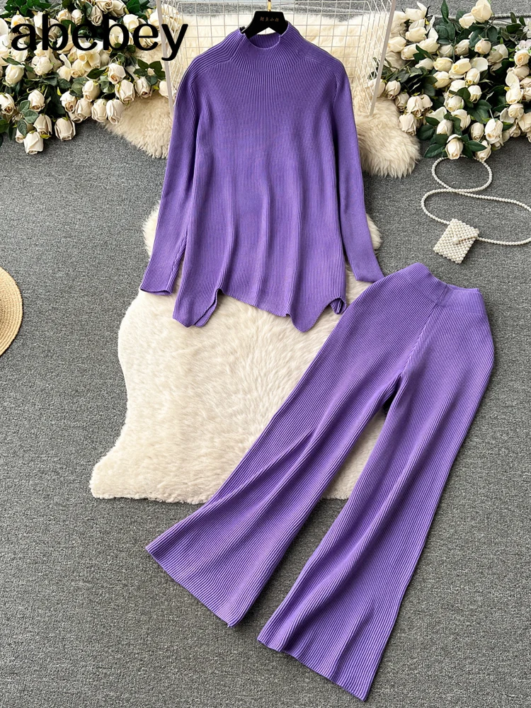 

Euro Designer 2 Pieces Sets Women Sweater Tracksuit Winter Oversized Women Knitwear + Wide Leg Pants Casual Warm Suits