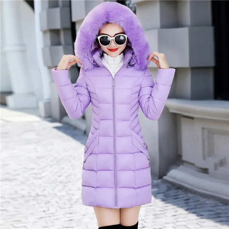 Women's Fashion Winter Jacket Pure Cotton Pure Color Hooded Large Fur Collar Warm Thick Casual Loose Parka Coat Jacket