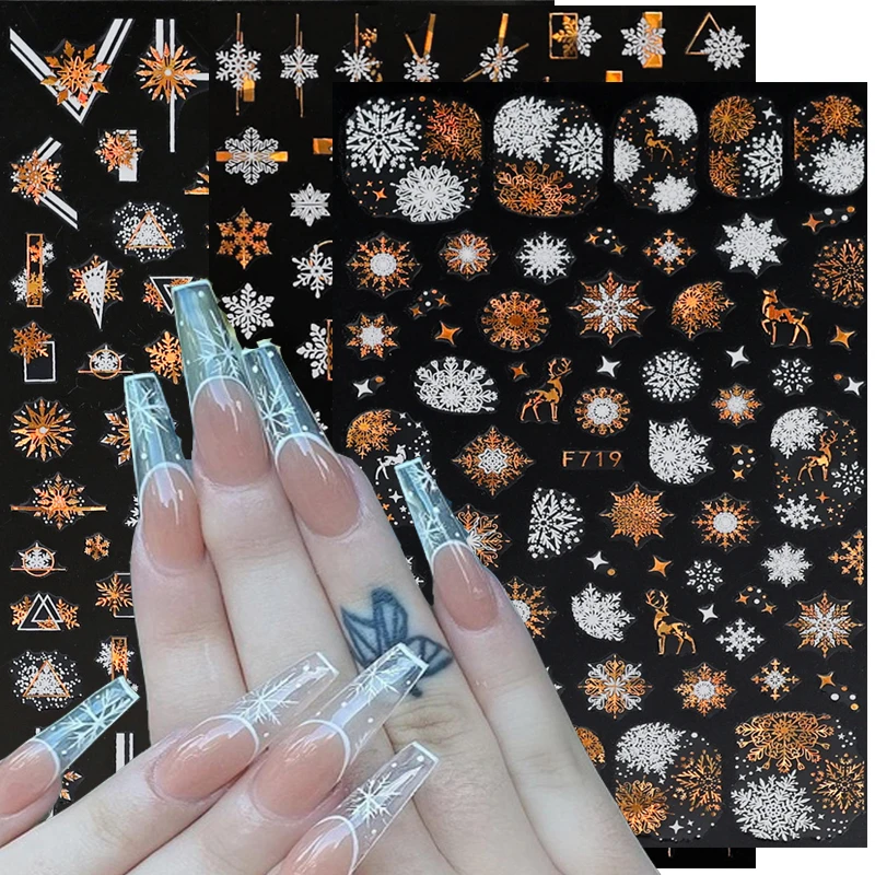 

Holographic 3D Snowflakes Nail Stickers White Gold Christmas Elk Self Adhesive Transfer Sliders for Manicure Decoration 1PCS