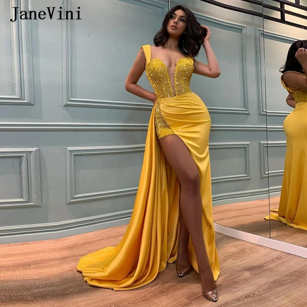 

JaneVini 2022 Sexy Mermaid Yellow Evening Dresses Deep V Neck Sequined Beaded Satin High Side Split Cocktail Party Women Dress