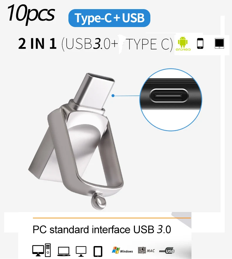 

USB 3.0 Type-c Flash Drives 128GB USB Stick 2 In 1 High Speed U Disk For Phone /PC Pen Drive USB C Memory Disk 10pcs Free Logo