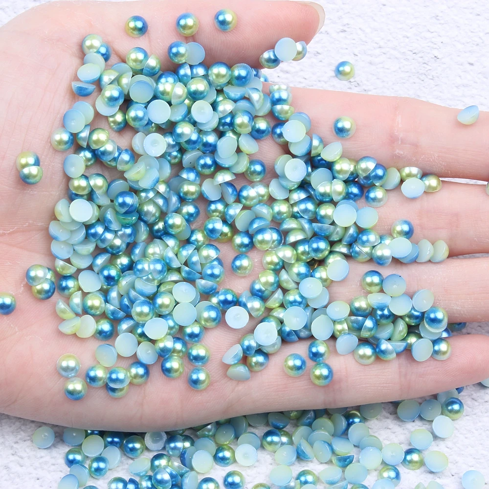 

New 3-10mm Lake Blue RainBow Color Half Round Pearls Flatback Glue On Imitation DIY Wedding Clothes Nail Art Decorations