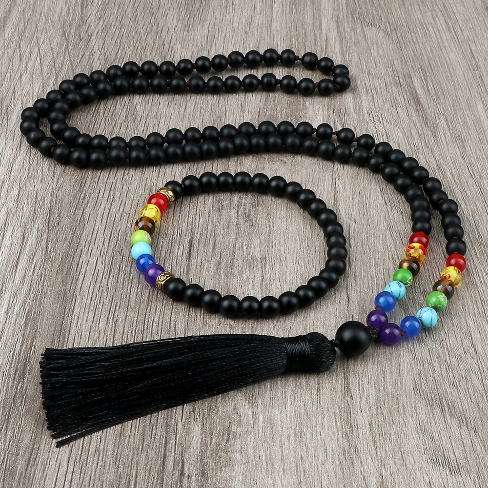 

7 Chakra 108 Mala Beads Knotted Necklace Shiny&Matte Black Onyx Men Bracelet Fashion Women Tassel Rosary Meditation Jewelry Set