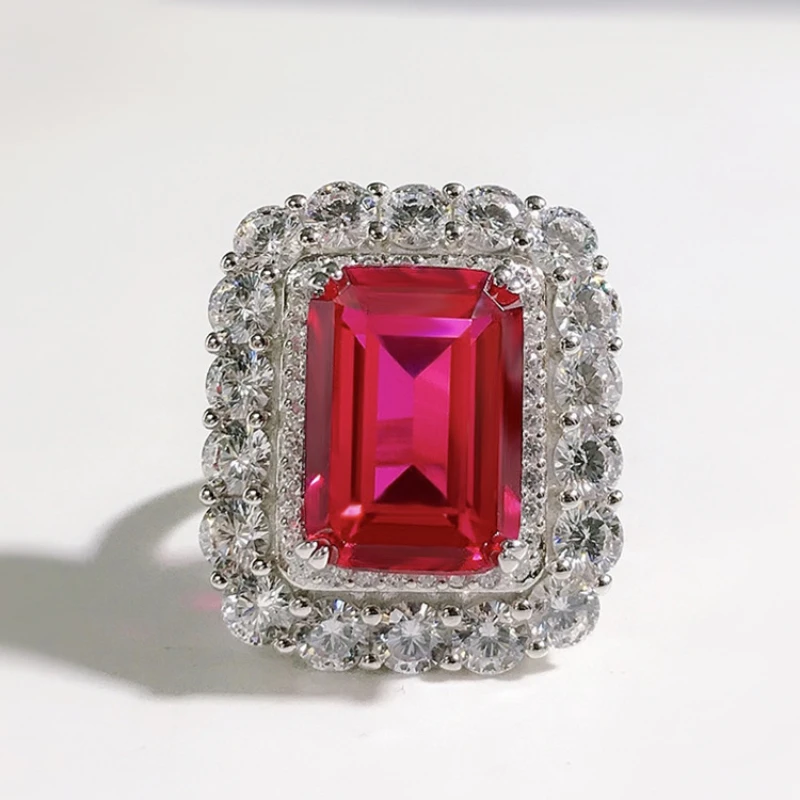 

SpringLady New Luxury 925 Sterling Silver 10x14MM Emerald Cut Ruby Emerald Gemstone Ring Wedding Engagement Fine Jewelry