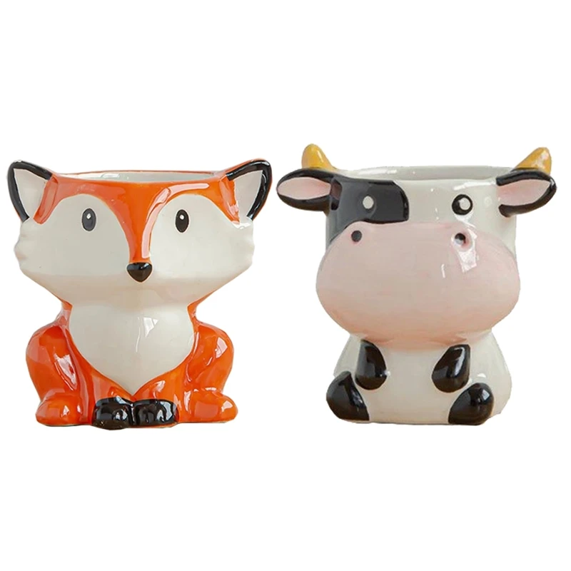 

2Pcs Ceramic Animal Flower Pot Cartoon Fox And Cow Head Mini Pot Succulents Plants Bonsai Pots Home Decoration
