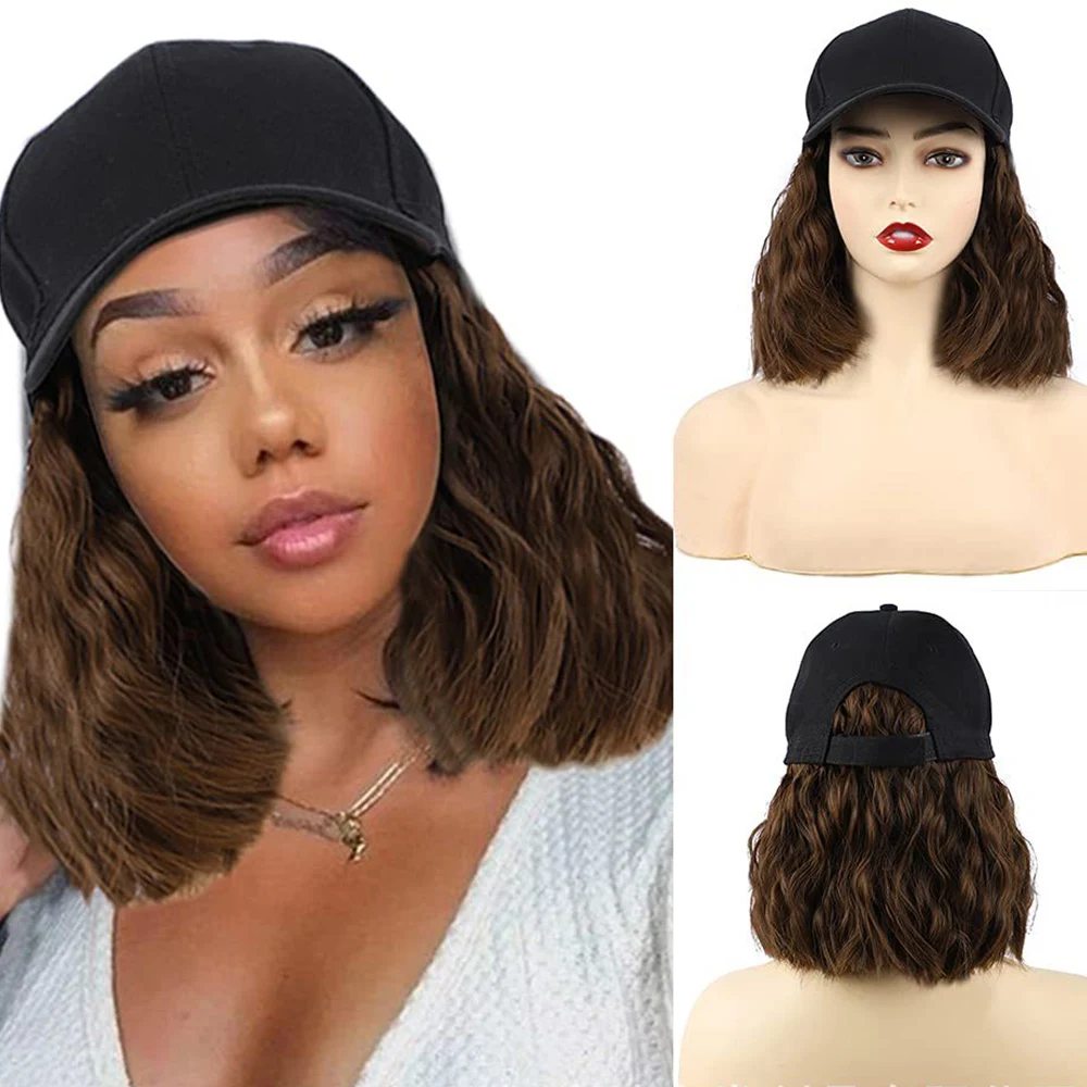 Short Wavy Bob Hat Sythetic Wig For Women  Adjustable High Temperature Fiber Water Wave Hair Extensions Baseball Cap