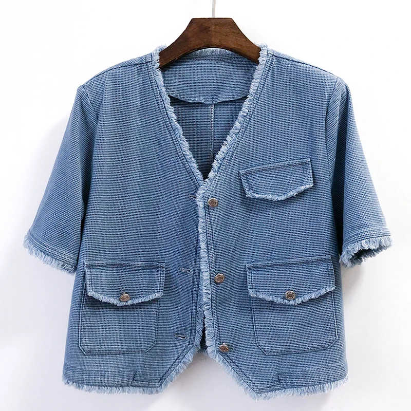 

Light Blue V Neck Big Pocket Denim Jackets Women Spring Slim Short Fringe Cowboy Outerwear Half Sleeve Jeans Jacket Coat Female
