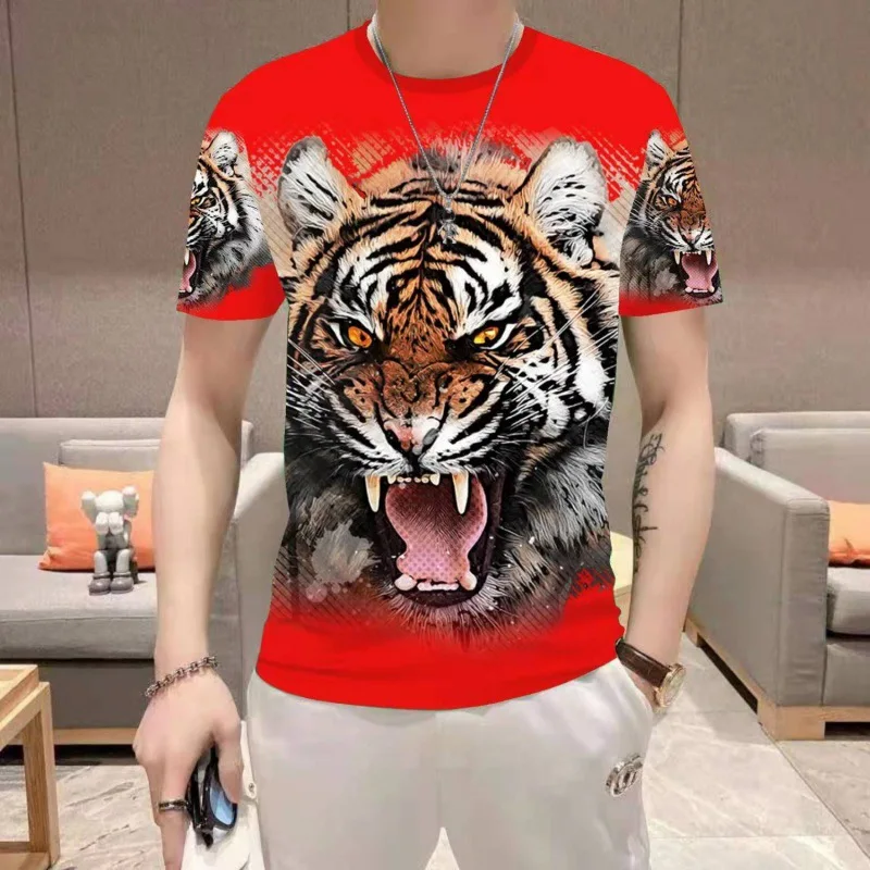 

Men's Clothing Summer Youth Round Neck Pullover Short-Sleeved T-Shirt Personality Tiger Head Slim Top y2k Clothes