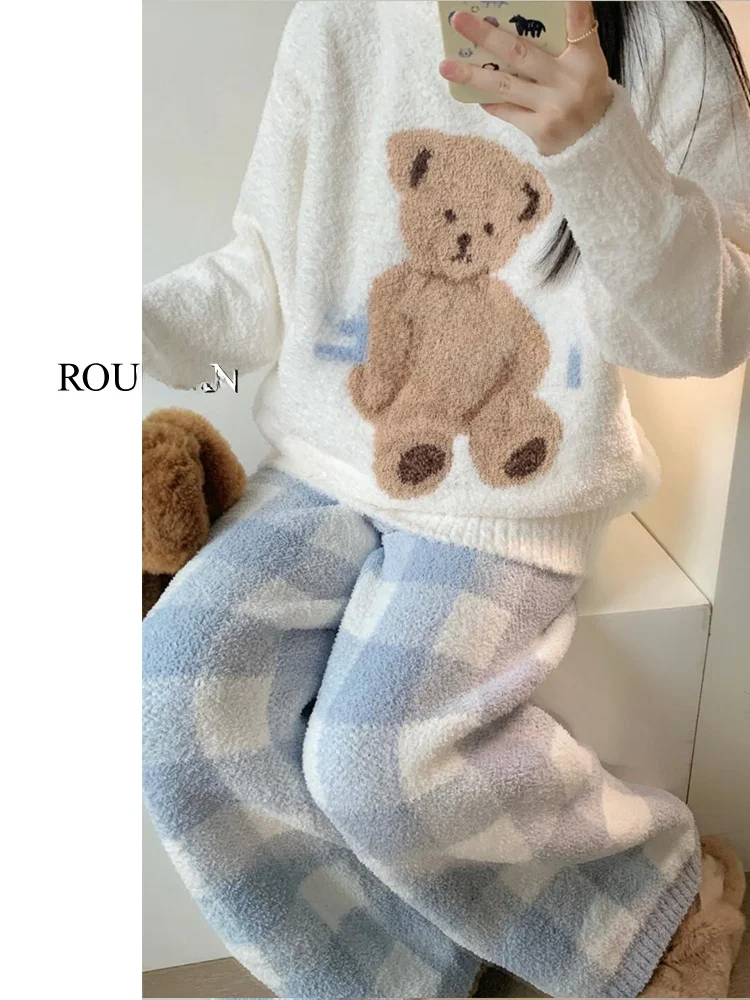 Корейская полубархатная пижама с милым медведем осенне-зимний вязаный