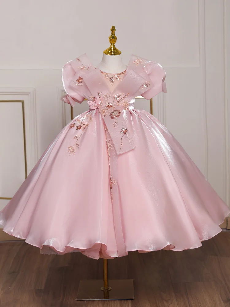 2022 Flower Girl Dress Baby Princess Pink Sequined Ball Gown Child Puff Sleeve Layered Ruched Frocks Kid Prom Wedding Party Wear