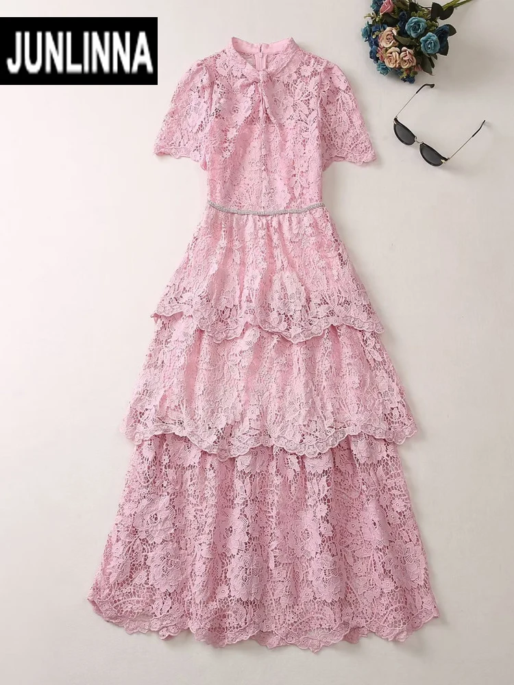 JUNLINNA Runway Chemical Lace Dress Women Summer Pink Flower Embroidery Waist Beading Elegant Long Party Ruffles Princess