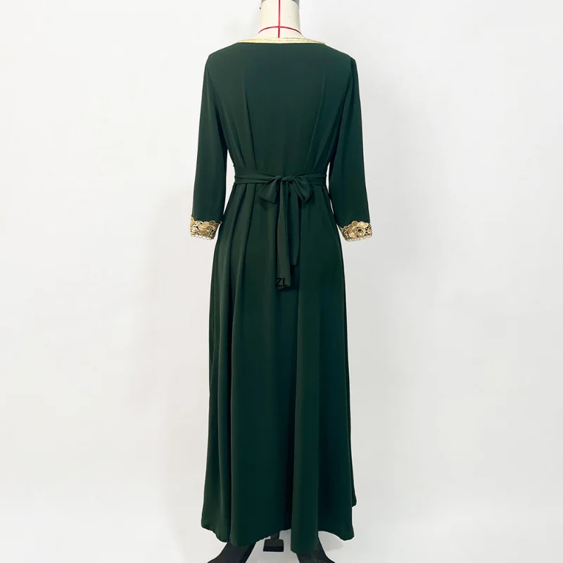 Double Layer Chiffon Asymmetric Maxi Dress for Women Corban Eid Al Adha 2023 Chic Lace Trim V Neck Long Sleeve Arab Dubai Robe