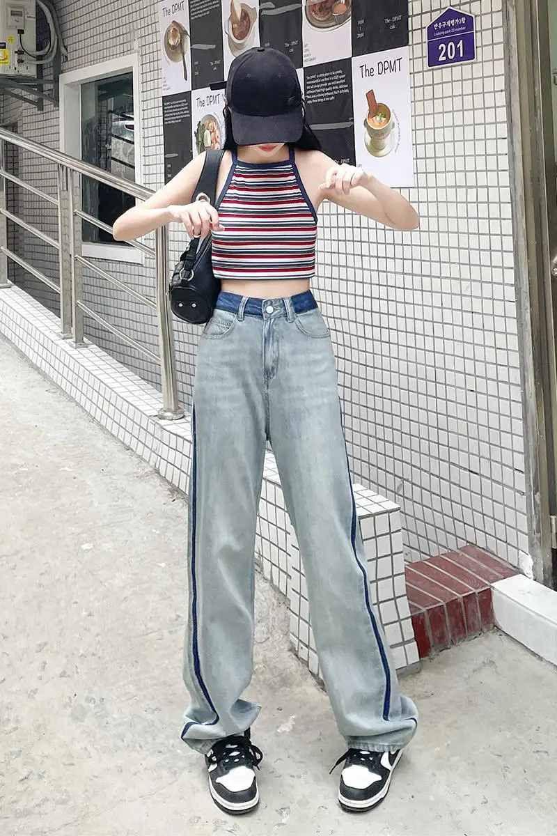 2023 women's denim trousers blue commuting summer new Korean version of high waist contrast color personality design sense loose