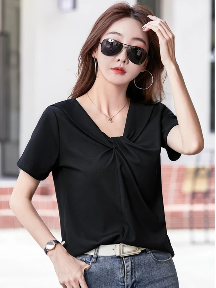 

Cotton Short Sleeve Top T Shirt Women Korean Fashion Woman Clothes Loose V-Neck Tshirt 2022 Summer Casual Black Tee Shirt Femme