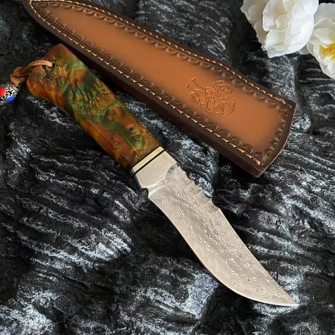 Охотничий Нож VG10 из дамасской стали с фиксированным лезвием и деревянной ручкой