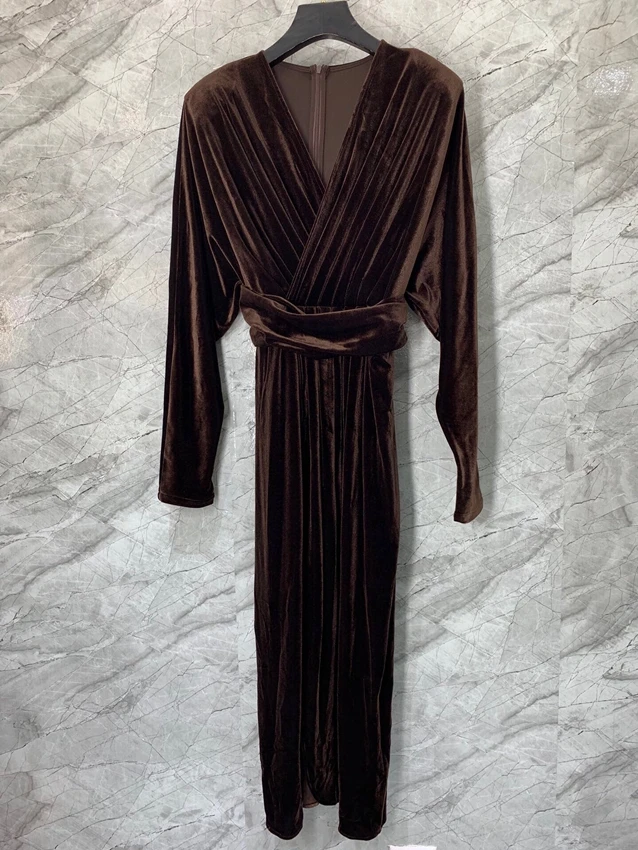 

2023 new women fashion long sleeve V neck pleated beads kink waist seal split solid color dress dress 0917