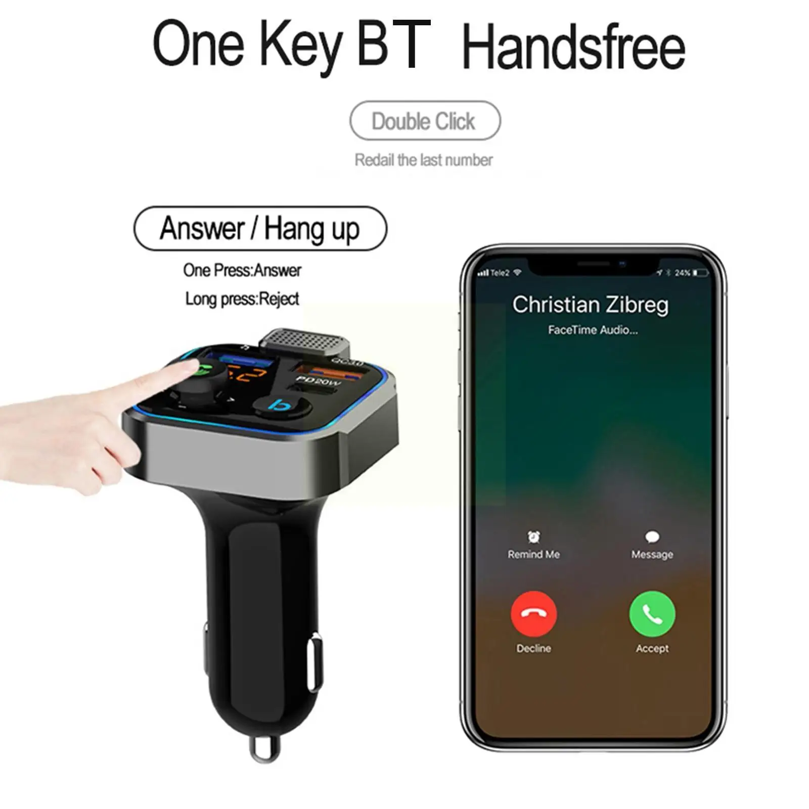 

Car Bluetooth-compatible 5.0 FM Transmitter One Key Large PD20W Microphone Bass Quick Mp3 Charger USB Player Music QC3.0 Pl I7N2