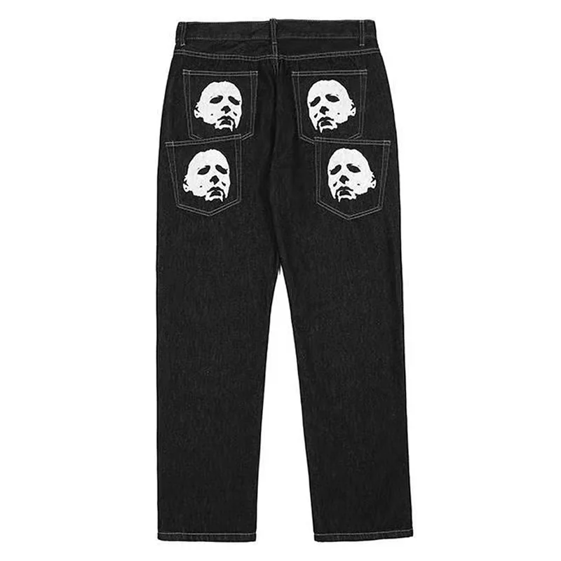 Y2K Casual Skull Straight Wide Leg Jeans for Unisex Fashion Streetwear Cargo Pants Baggy Denim Trousers Low Rise Jeans Clothes