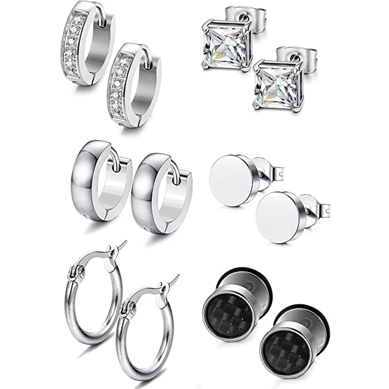 

6 Pairs Stainless Steel Stud Earrings for Women Mens Huggie Hoop CZ Earrings Zircon Hoop Earrings Silver