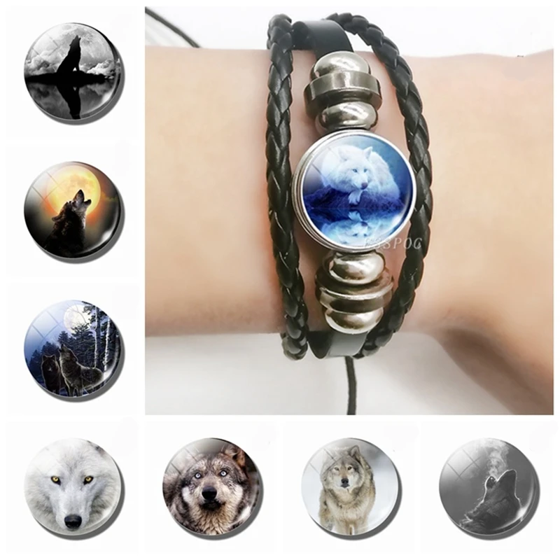 

Wolf Howling At The Moon Glass Pendant Moon Night Black Leather Bracelet Wolf Multi-layered Braided Bracelets Men Women Gifts