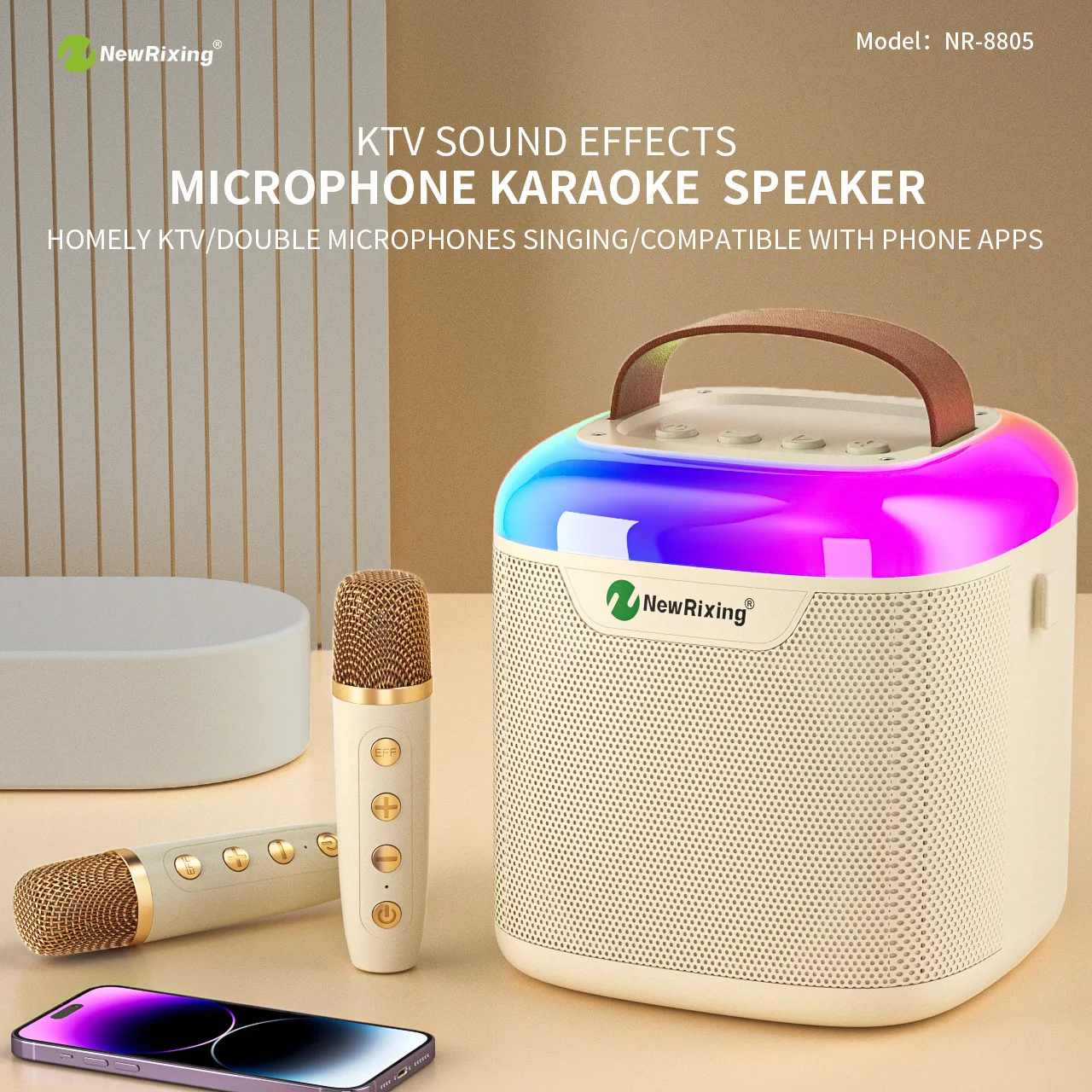 

Караоке-устройство с цветными RGB-лампами, беспроводной портативный Bluetooth-динамик с беспроводным микрофоном, идеально подходит для дома